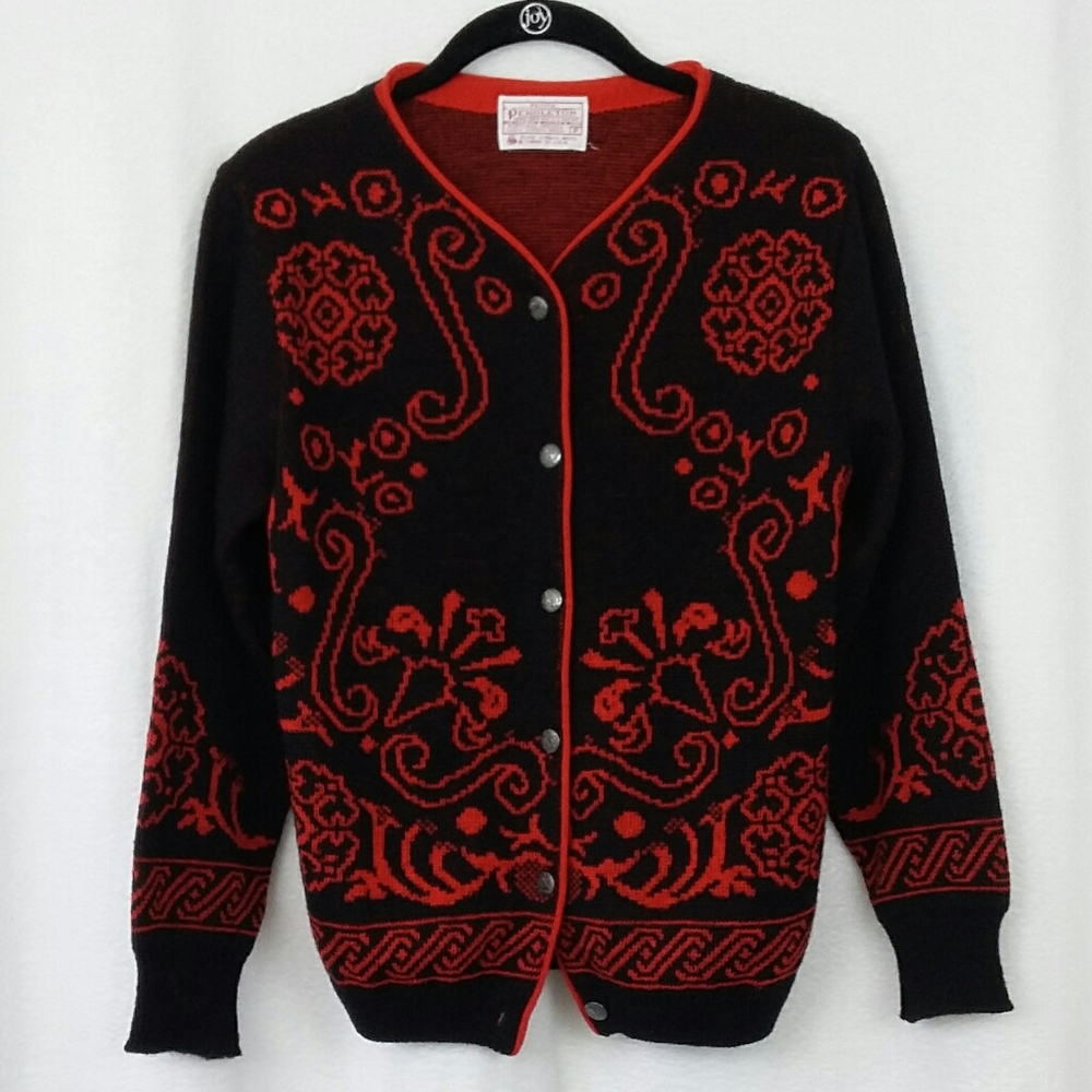 Pendleton Holiday Red/Black Scroll Button Cardigan - image 1